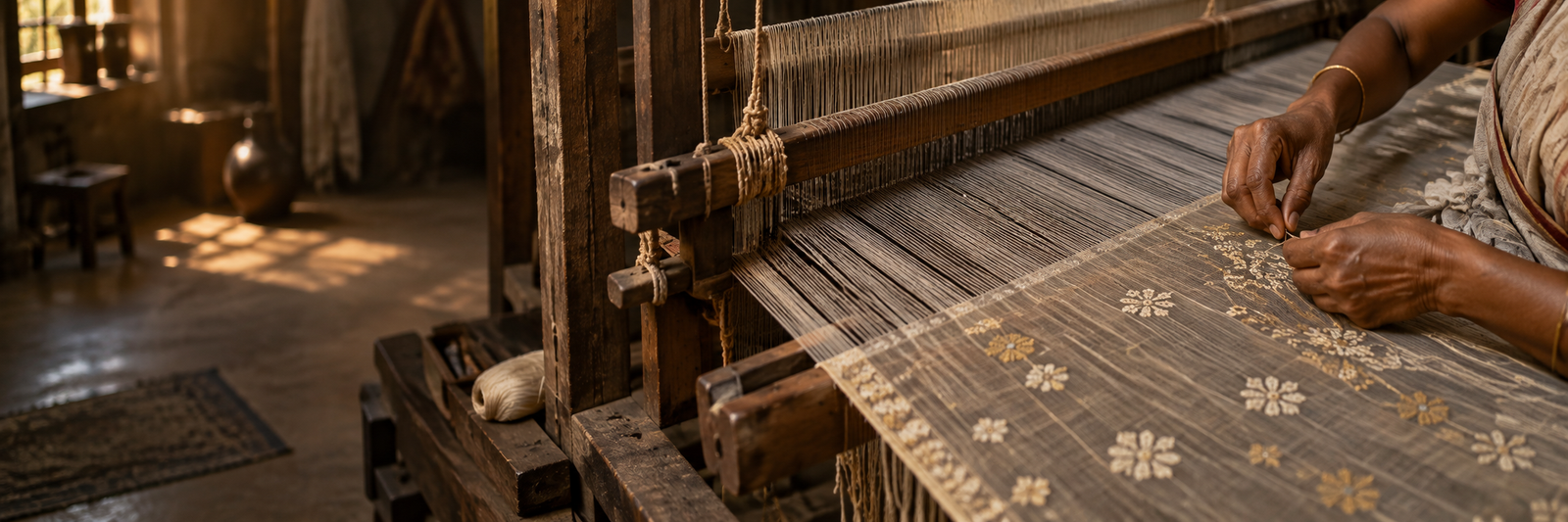 Artisan weaving patterned cloth on a handloom